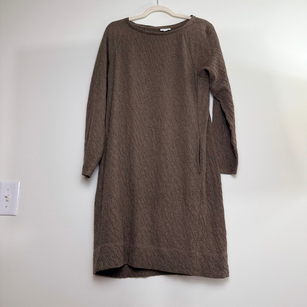 Pure Jill J Jill Brown Textured Cotton Long Sleeve Shift Dress Small Pockets